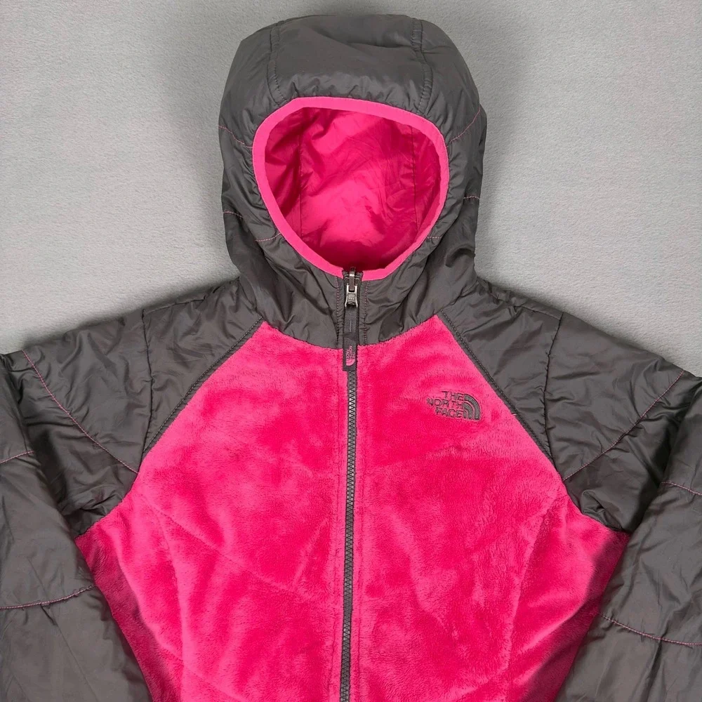 North Face Girls XL Pink Grey Hybrid Fleece Hooded Jacket fits Womens XS/S‎